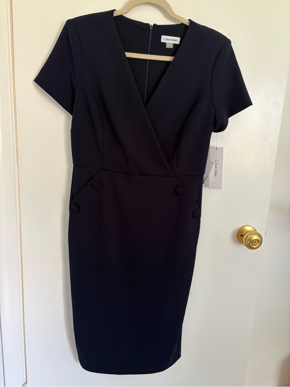 Calvin Klein Navy-Black Midi Sheath Dress with V-Neck
